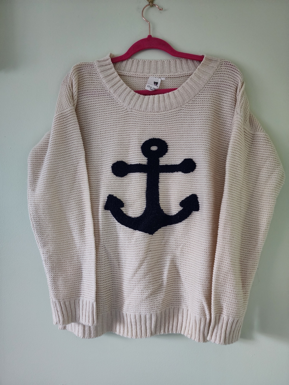 Cream Sweater with Navy Anchor Crewneck